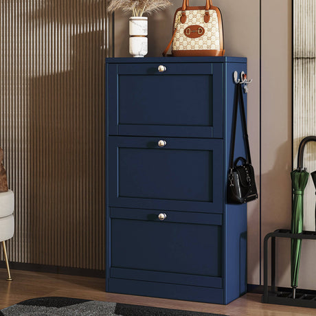 Closed navy Shoe Cabinet With Doors with decorative items on top, perfect for hallway storage.