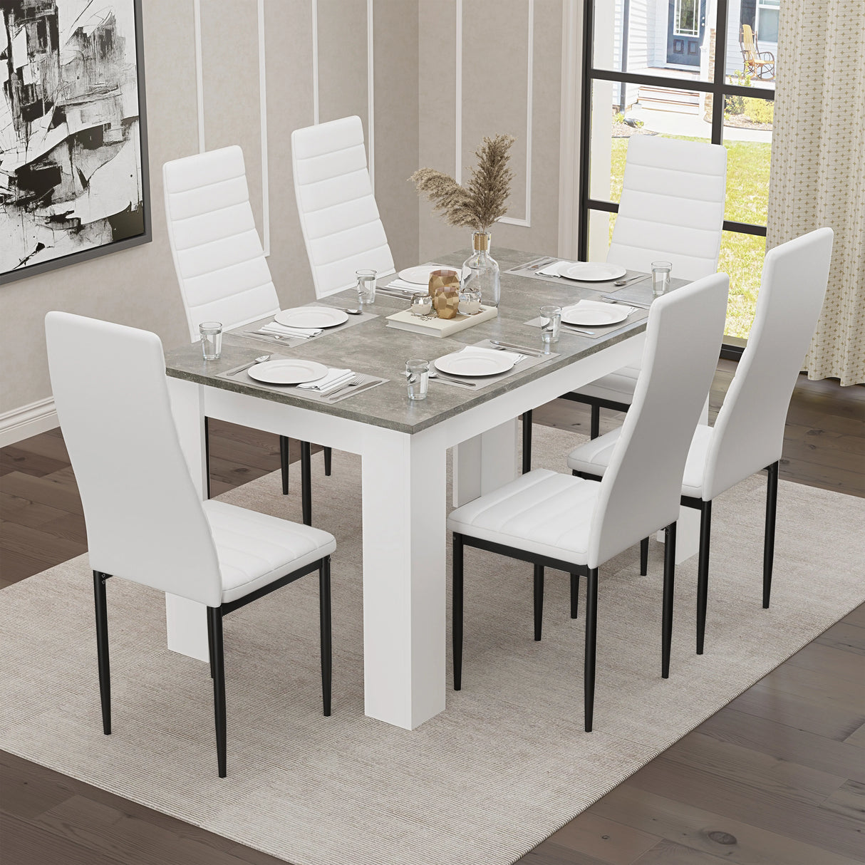 Grey Marble Finish 4-6 Seater Dining Table and Chairs Set