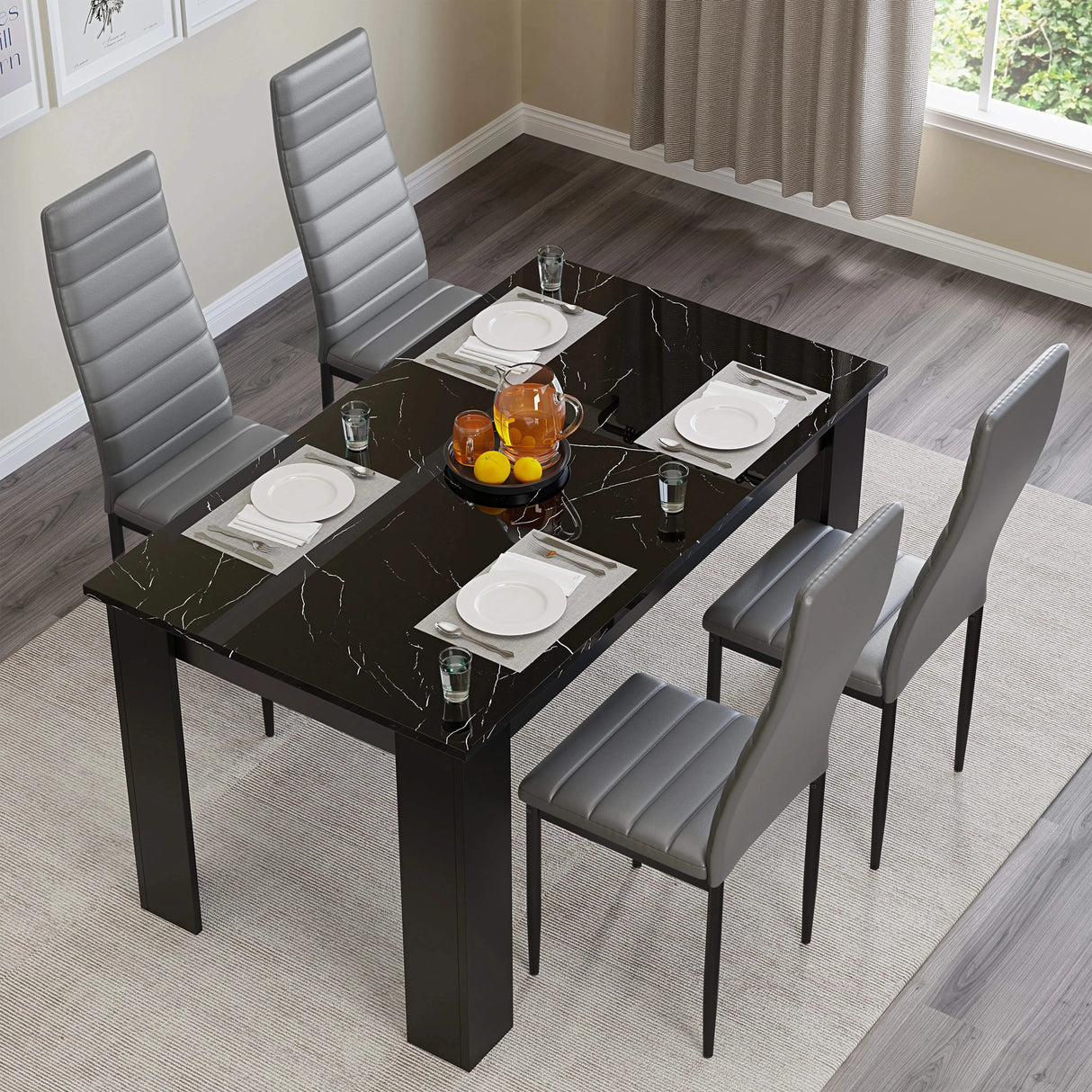 Gloss Black Marble Finish 4-6 Seater Dining Table and Chairs Set