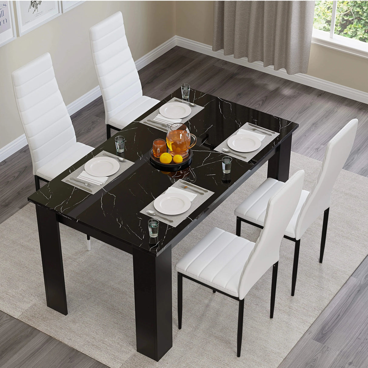 Gloss Black Marble Finish 4-6 Seater Dining Table and Chairs Set