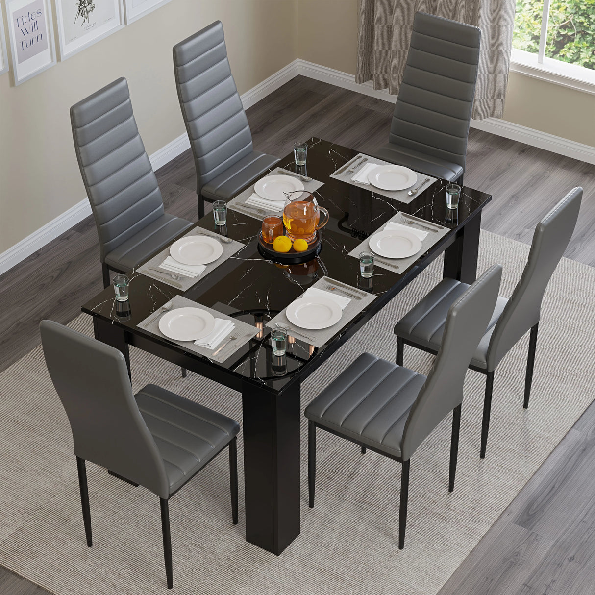 Gloss Black Marble Finish 4-6 Seater Dining Table and Chairs Set