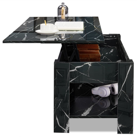 High gloss lift top coffee table with hidden storage shelf in black marble finish. Features adjustable tabletop and spacious lower compartment for storage.