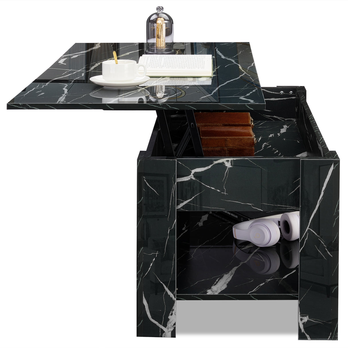 High gloss lift top coffee table with hidden storage shelf in black marble finish. Features adjustable tabletop and spacious lower compartment for storage.