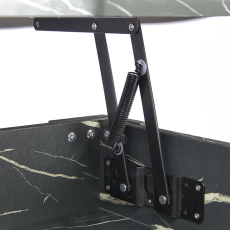Close-up of lift top mechanism on high gloss lift top coffee table with hidden storage shelf. Features black metal spring hinge for smooth lifting.