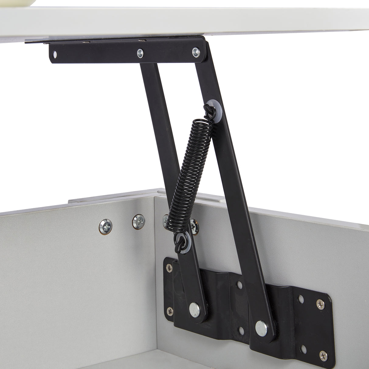 Close-up of lift top mechanism on high gloss lift top coffee table with hidden storage shelf. Features black metal spring hinge for smooth lifting.