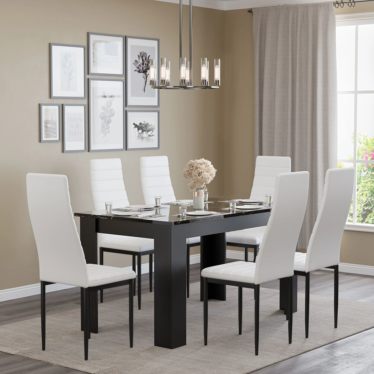 Gloss Black Marble Finish 4-6 Seater Dining Table and Chairs Set