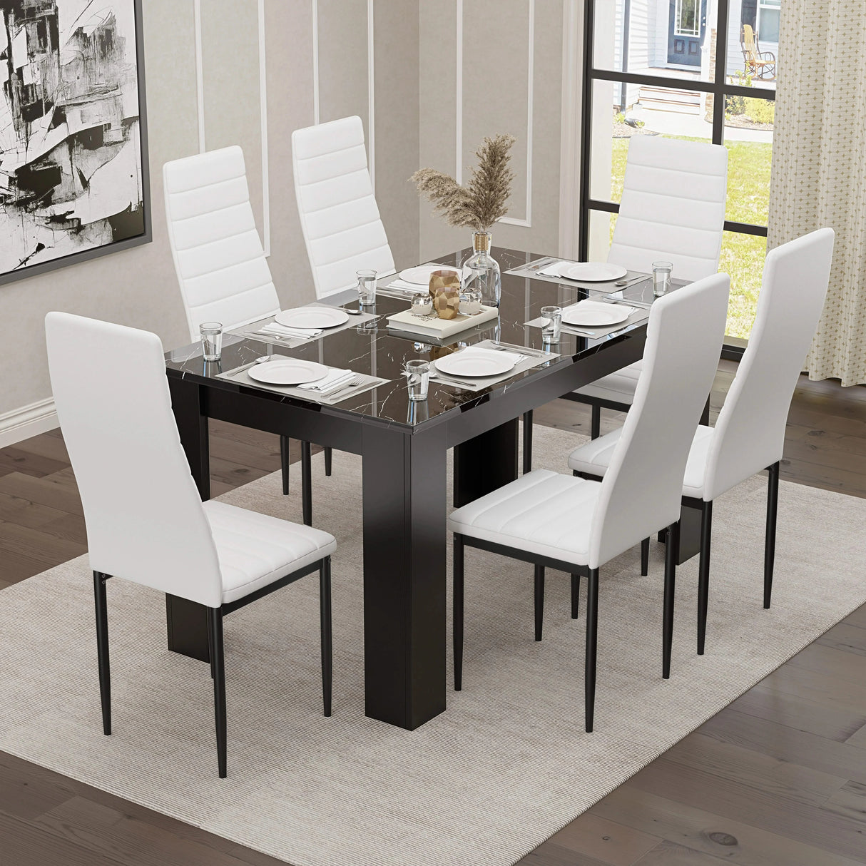 Gloss Black Marble Finish 4-6 Seater Dining Table and Chairs Set