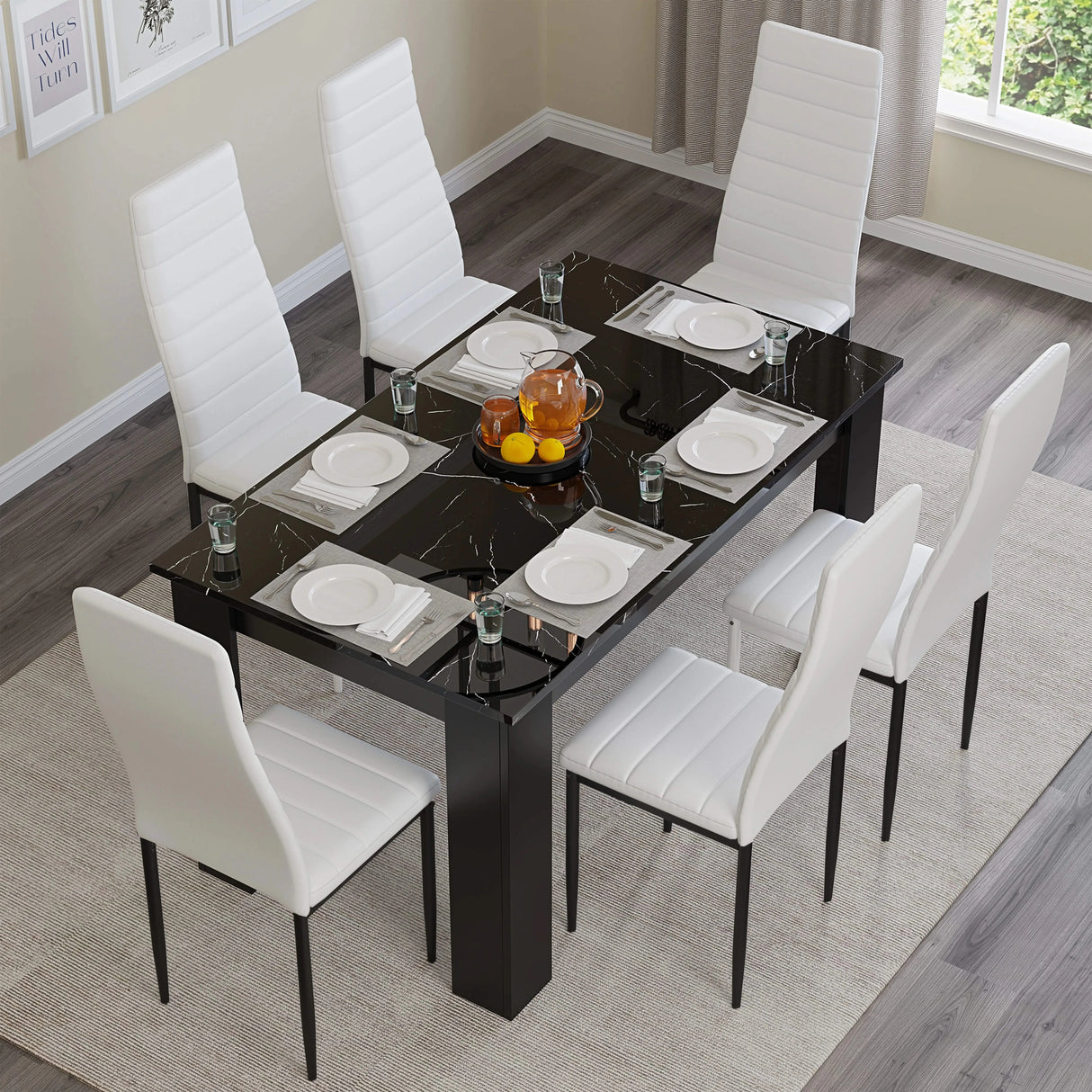 Gloss Black Marble Finish 4-6 Seater Dining Table and Chairs Set
