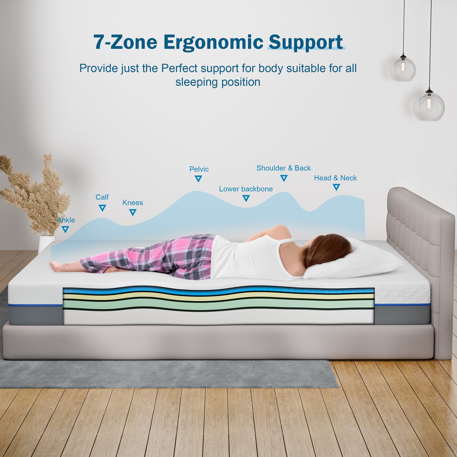 woman resting on a 15cm soft mattress, with 7-zone support for head, back, hips, and legs for ergonomic comfort