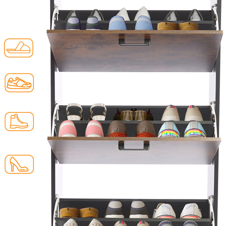 Wooden shoe cabinet with all three doors open, showing shoes of different types including Crocs, slippers, boots and wellies.