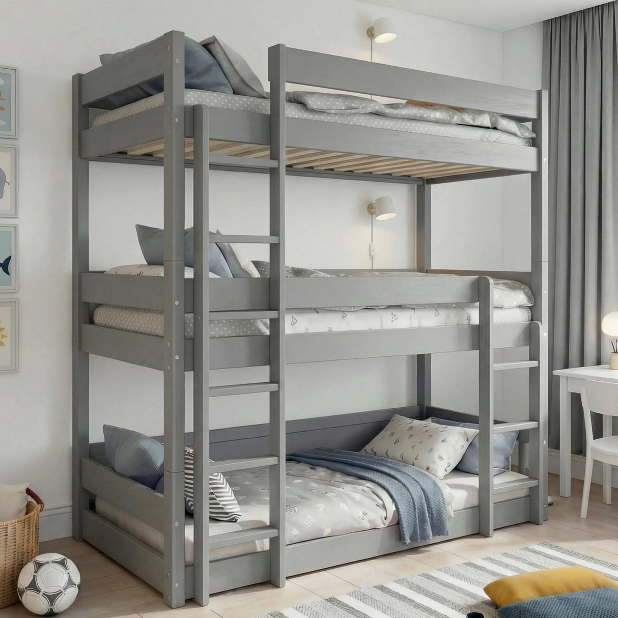 Single Triple Bunk Bed in grey wood finish with three stacked beds, ideal for kids' bedrooms. Space-saving Wooden High Sleeper Bed Frame with ladders.