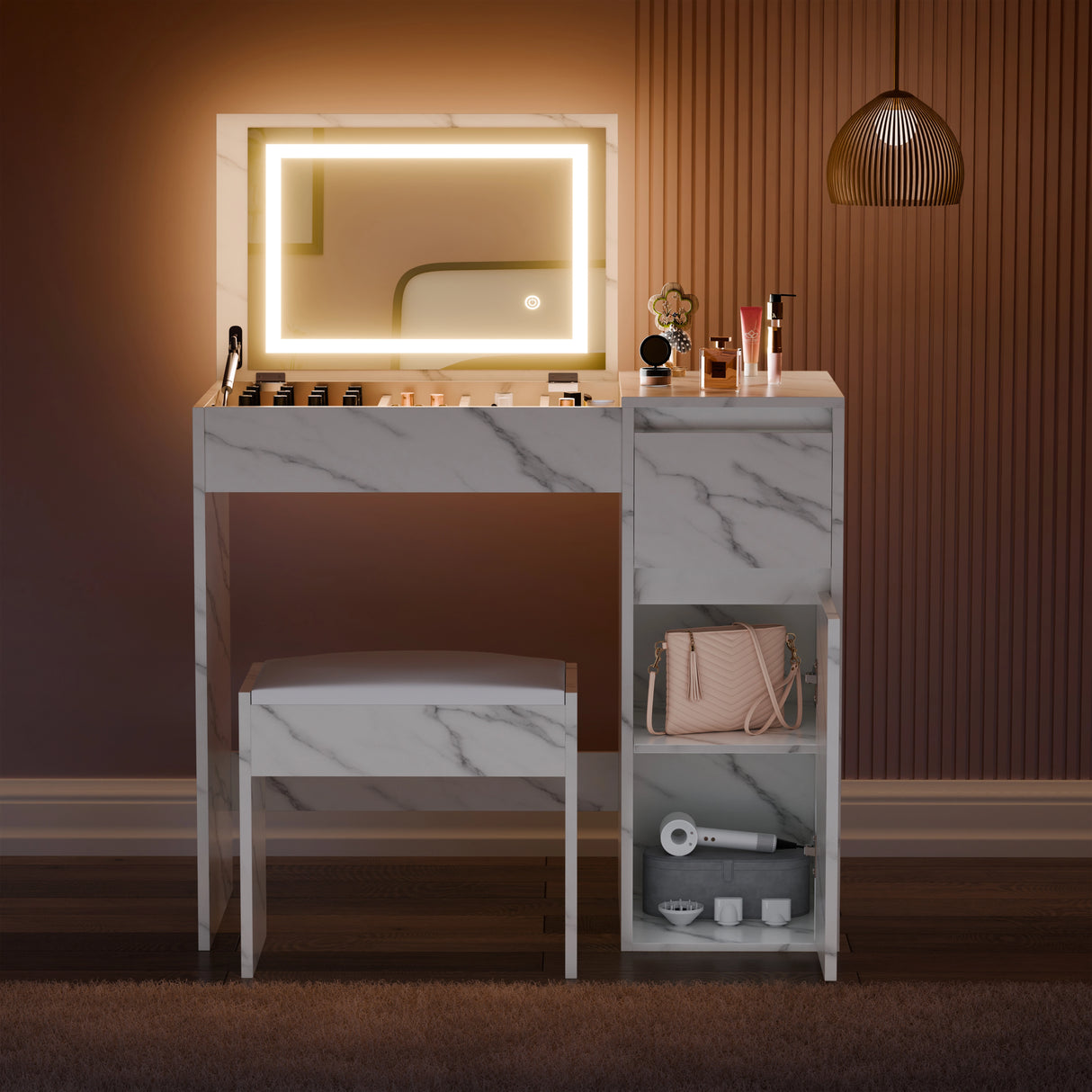 Small Dressing Table with Mirror and Lights, Stool - Makeup Vanity Desk