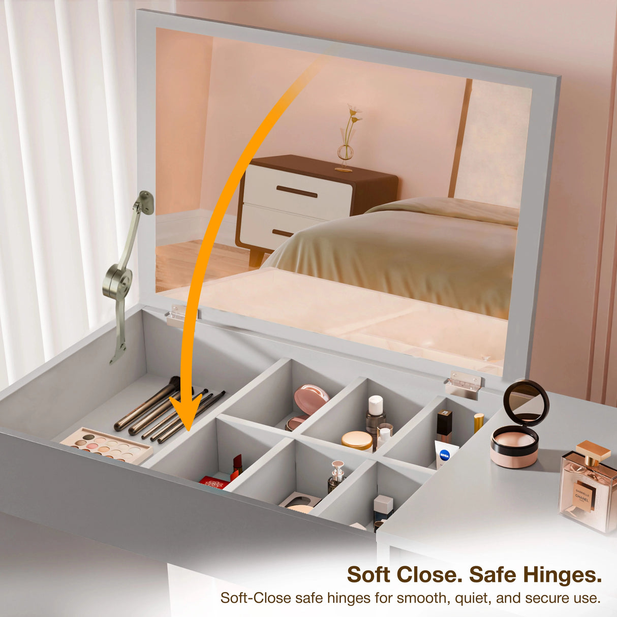 Dressing Table with Mirror and Storage - Makeup Vanity Desk for Girls | DHS features soft-close hinges and organized compartments for cosmetics and accessories.
