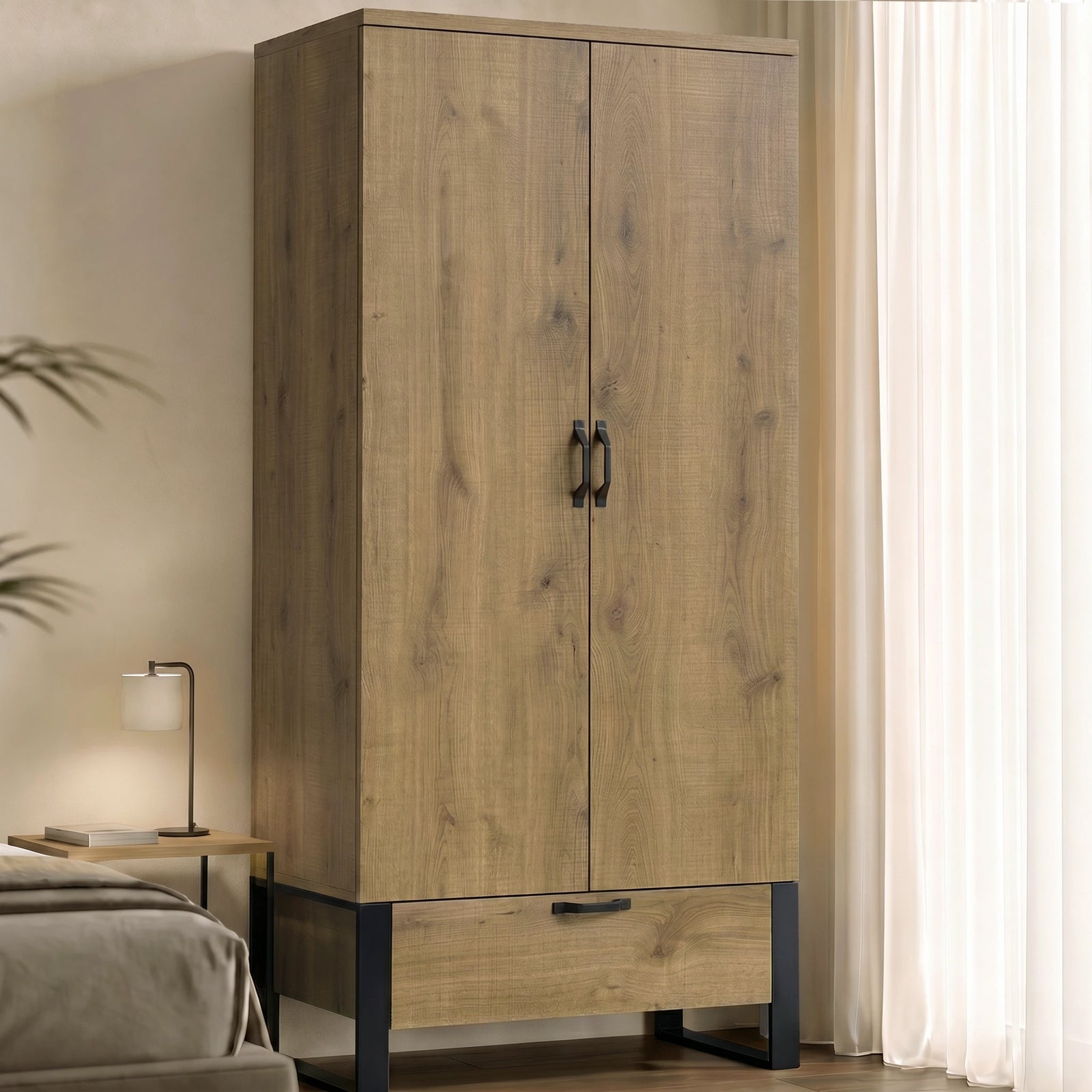 Industrial 2 Door Wardrobe with Drawer Oak Finish