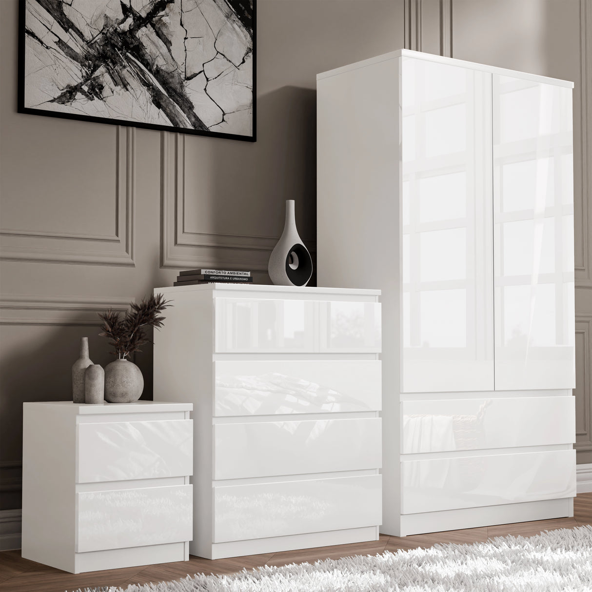 High Gloss 3 Piece Wardrobe Set With Chest of Drawers in white featuring a 2 door wardrobe, 4 drawer chest, and 2 drawer bedside table.