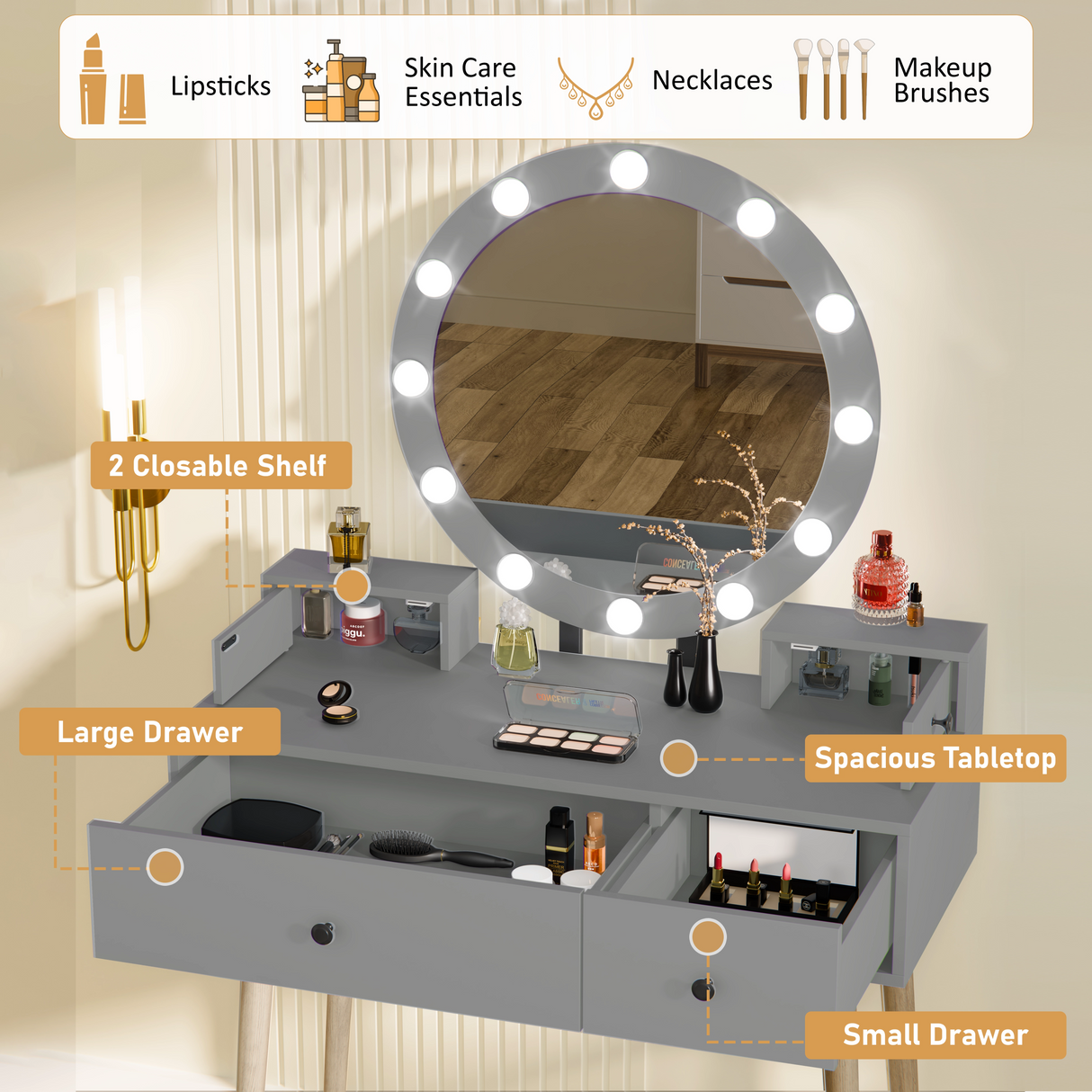 Dressing Table With Drawers and Hollywood Mirror Makeup Vanity Desk