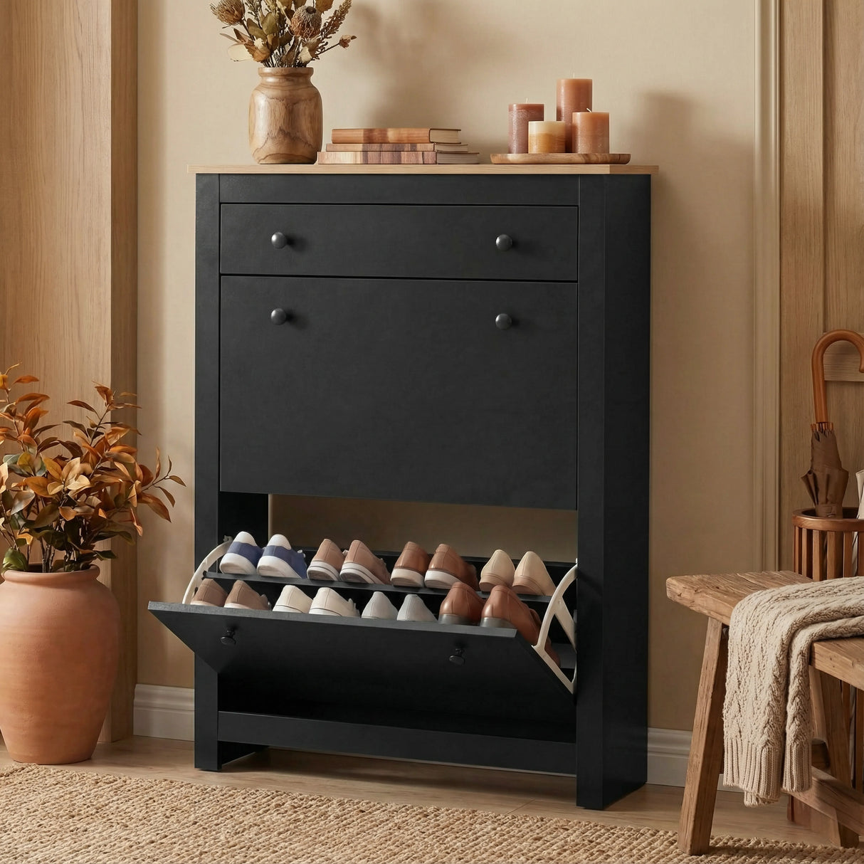 Modern Shoe Cabinet With Drawers | 2 Door Shoe Storage