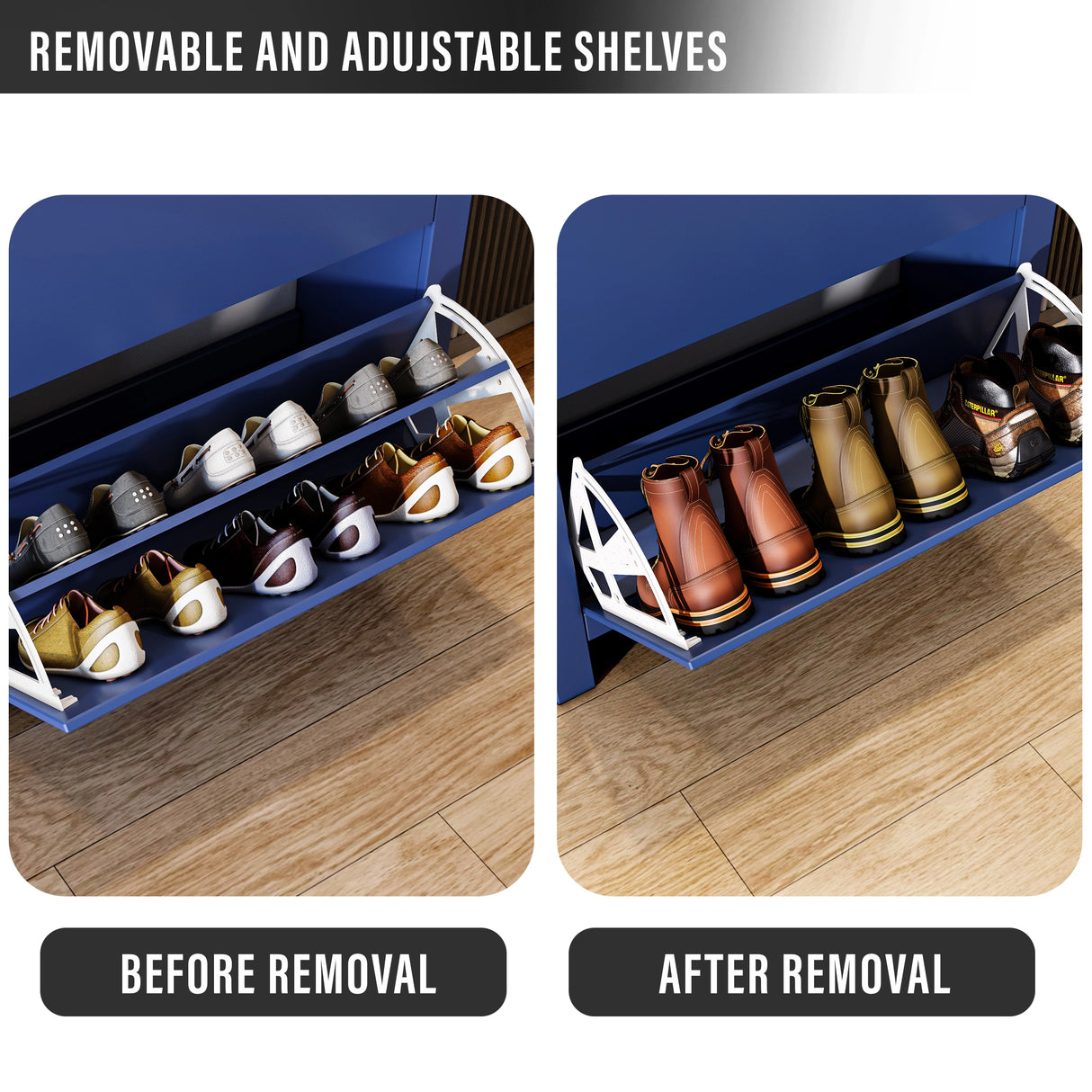 narrow shoe cabinet in blue colour showing modular divider removed inside pull‑down drawer to fit high ankle boots