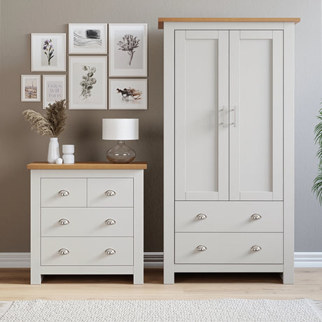 2 Door Wardrobe With Drawers and 4 Drawer Chest - Bedroom Set in white with oak tops, ideal for modern bedroom furniture organization and style.