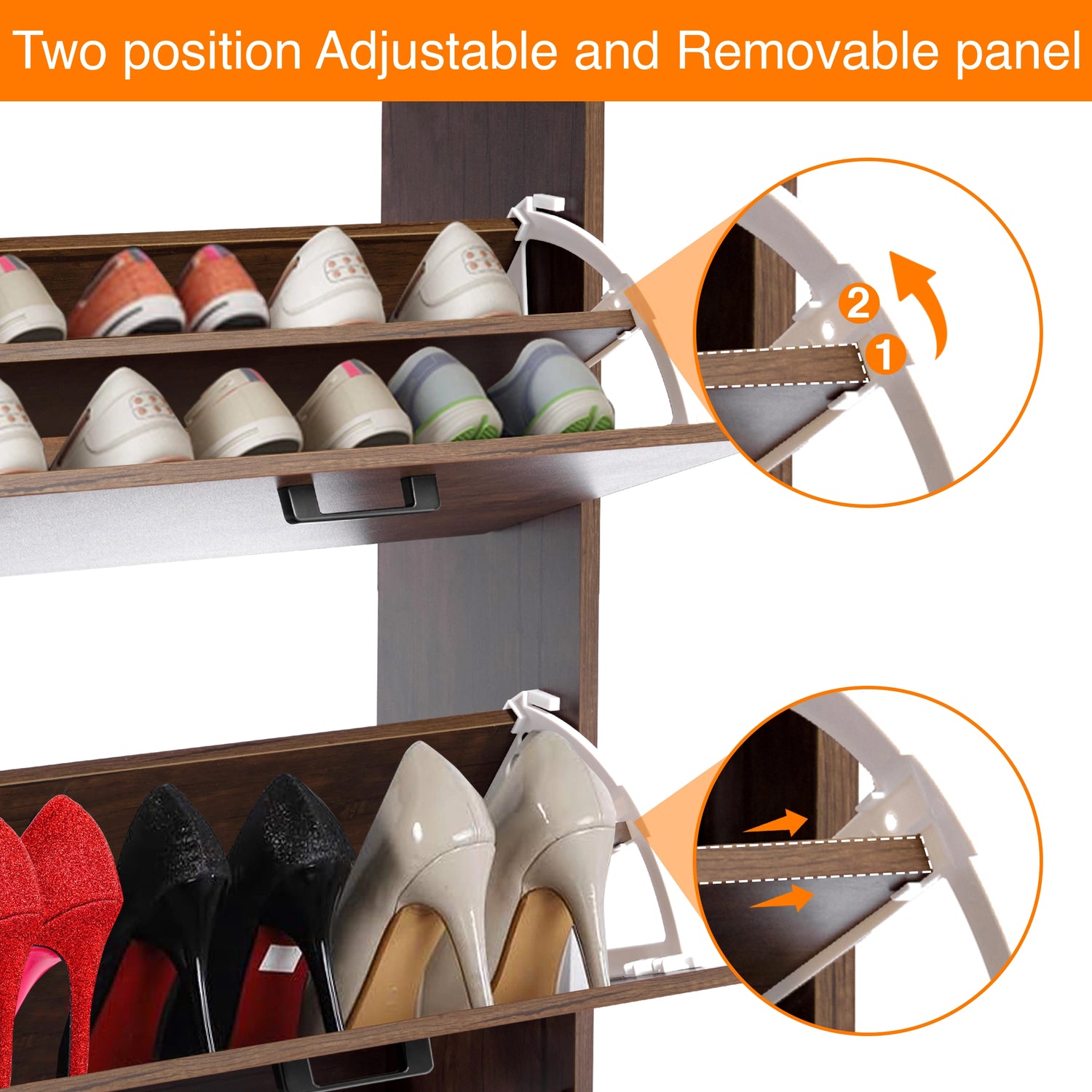 Hallway shoe storage unit in walnut with pull-down drawers open, showing two separator settings for taller shoes.