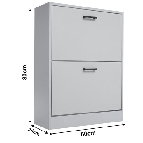 Shoe cabinet in light grey shown from the angled front view: width 60 cm, depth 24 cm, and height 80 cm.