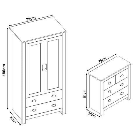 2 Door Wardrobe With Drawers and 4 Drawer Chest - Bedroom Set in white with dimensions; wardrobe 180cm x 79cm x 52cm, chest 81cm x 79cm x 35cm.