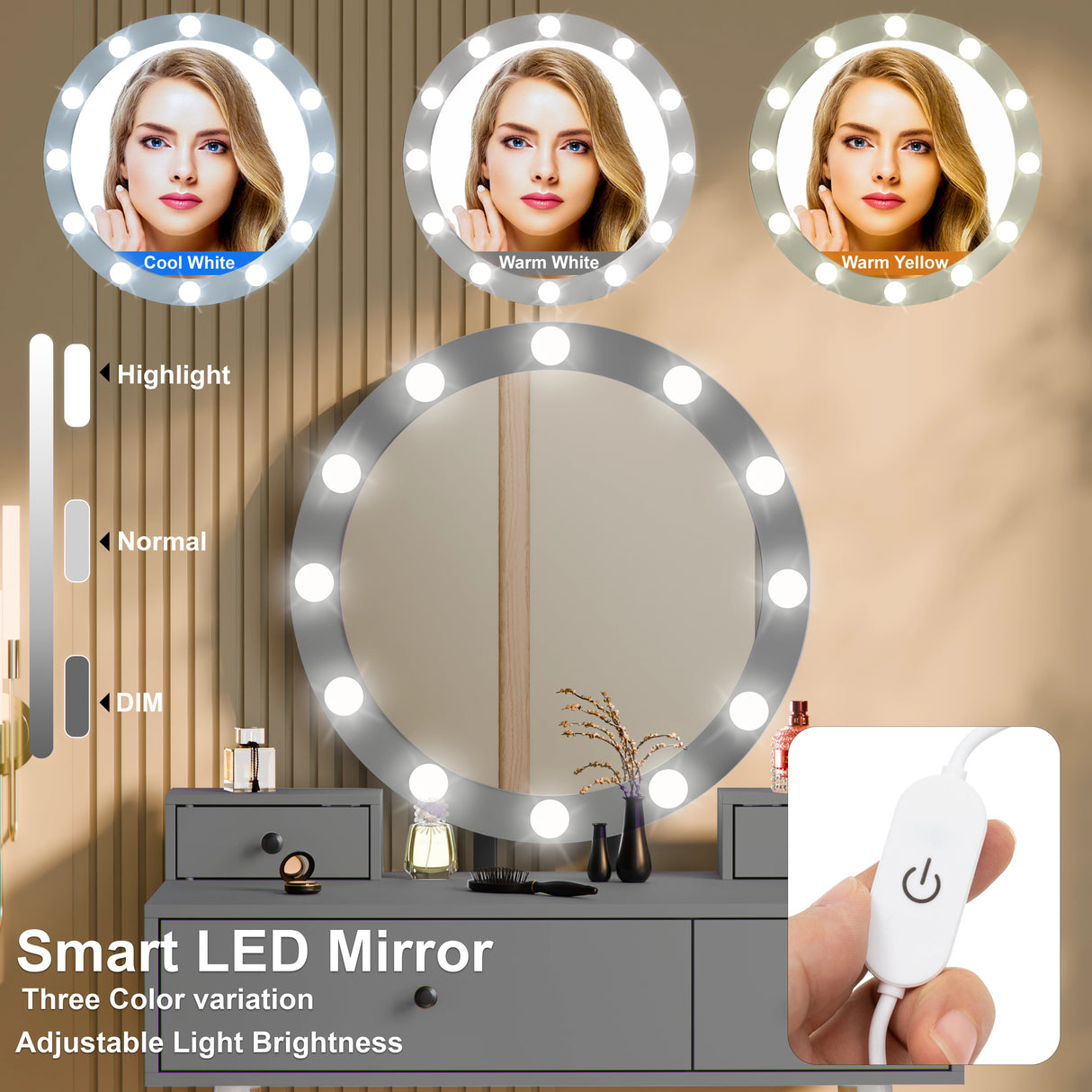 Dressing Table With Drawers and Hollywood Mirror Makeup Vanity Desk featuring smart LED mirror with three light color modes and adjustable brightness.