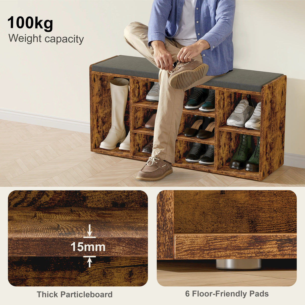 Shoe storage bench with cushion and rustic wood finish, featuring 10 compartments for shoes and 100kg weight capacity. Ideal hallway shoe rack cabinet.