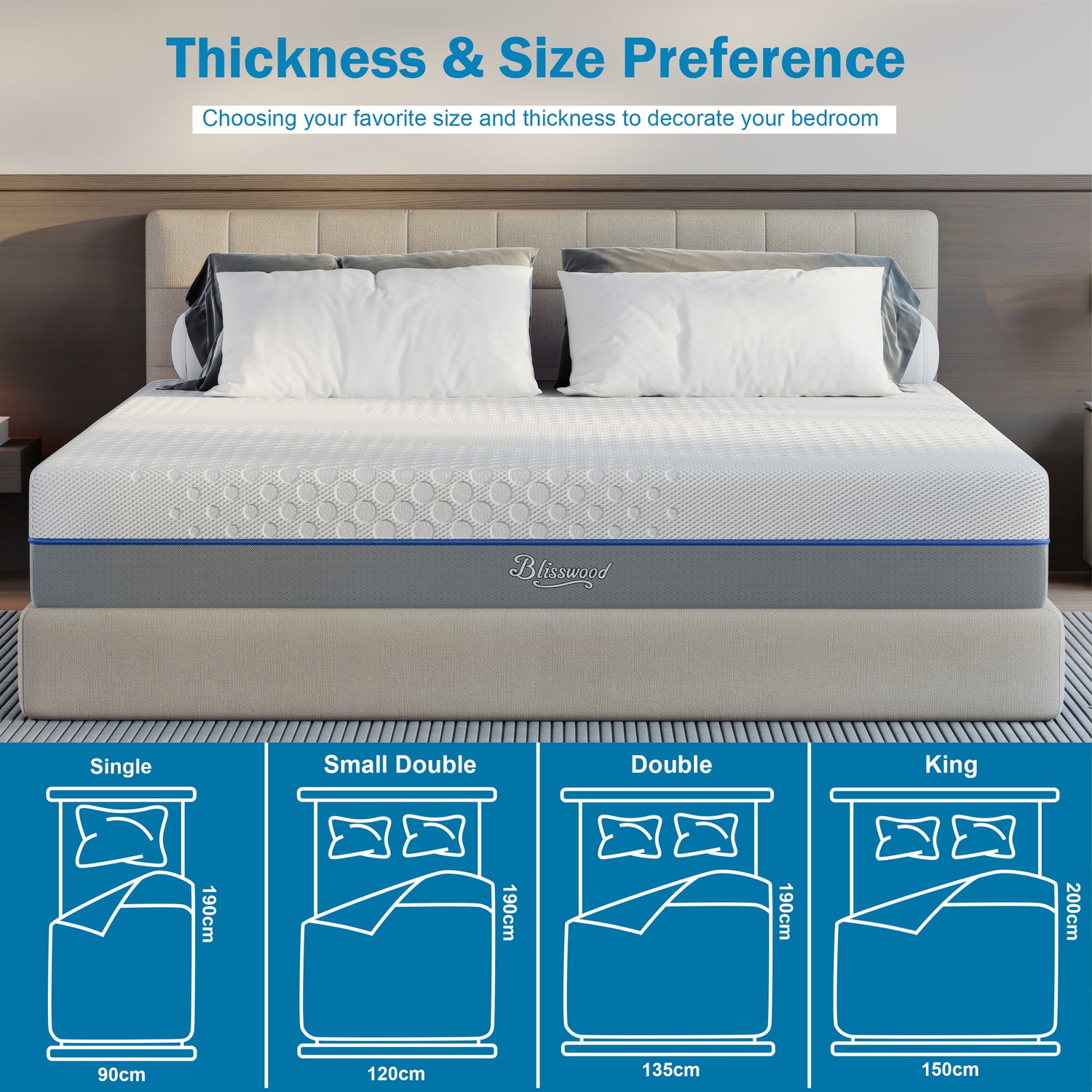 memory foam mattress shown on a double bed with graphic guide of available sizes from single, small double, double, to king