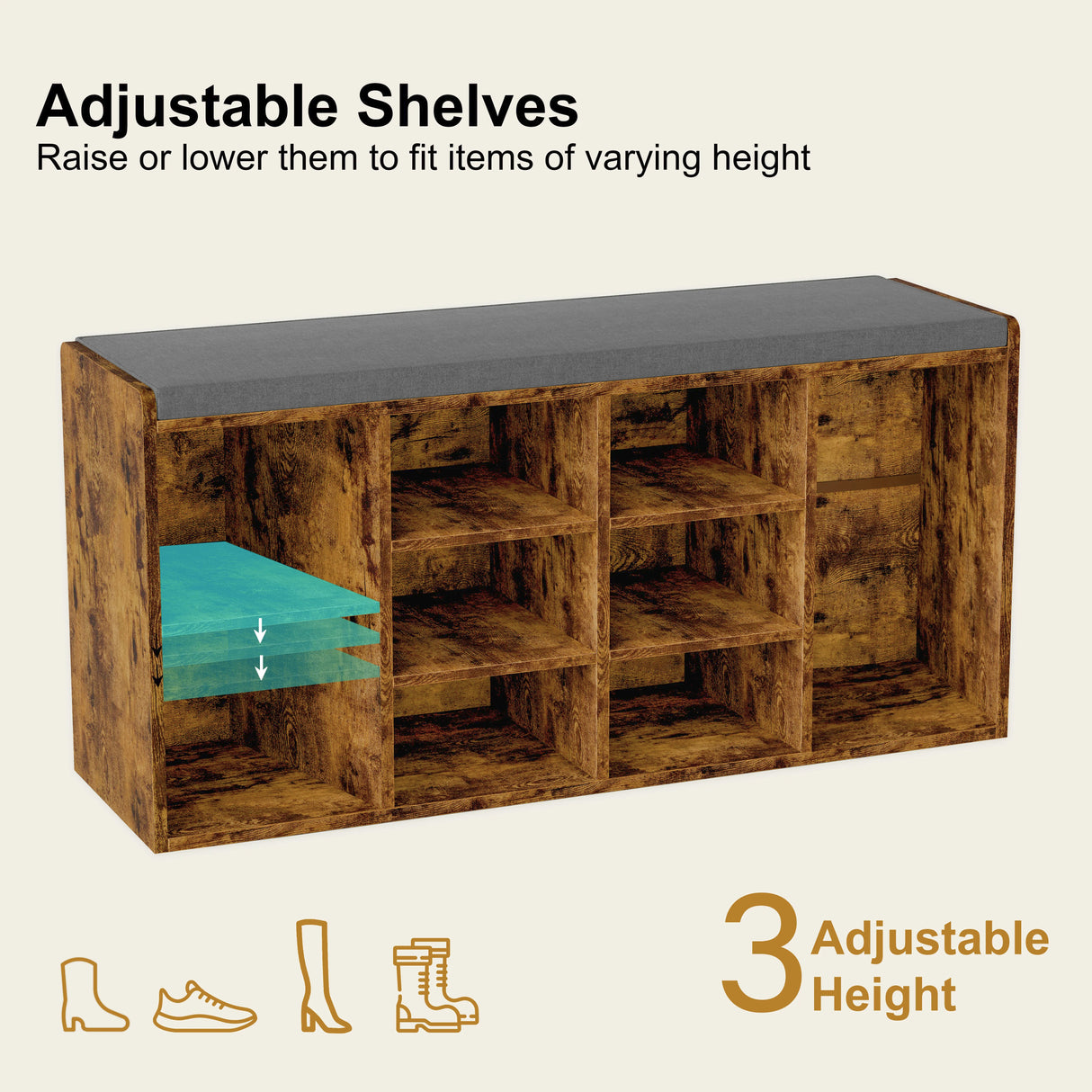 Shoe Storage Bench with Cushion featuring 3 adjustable shelves for customizable shoe rack cabinet in hallway furniture setup.
