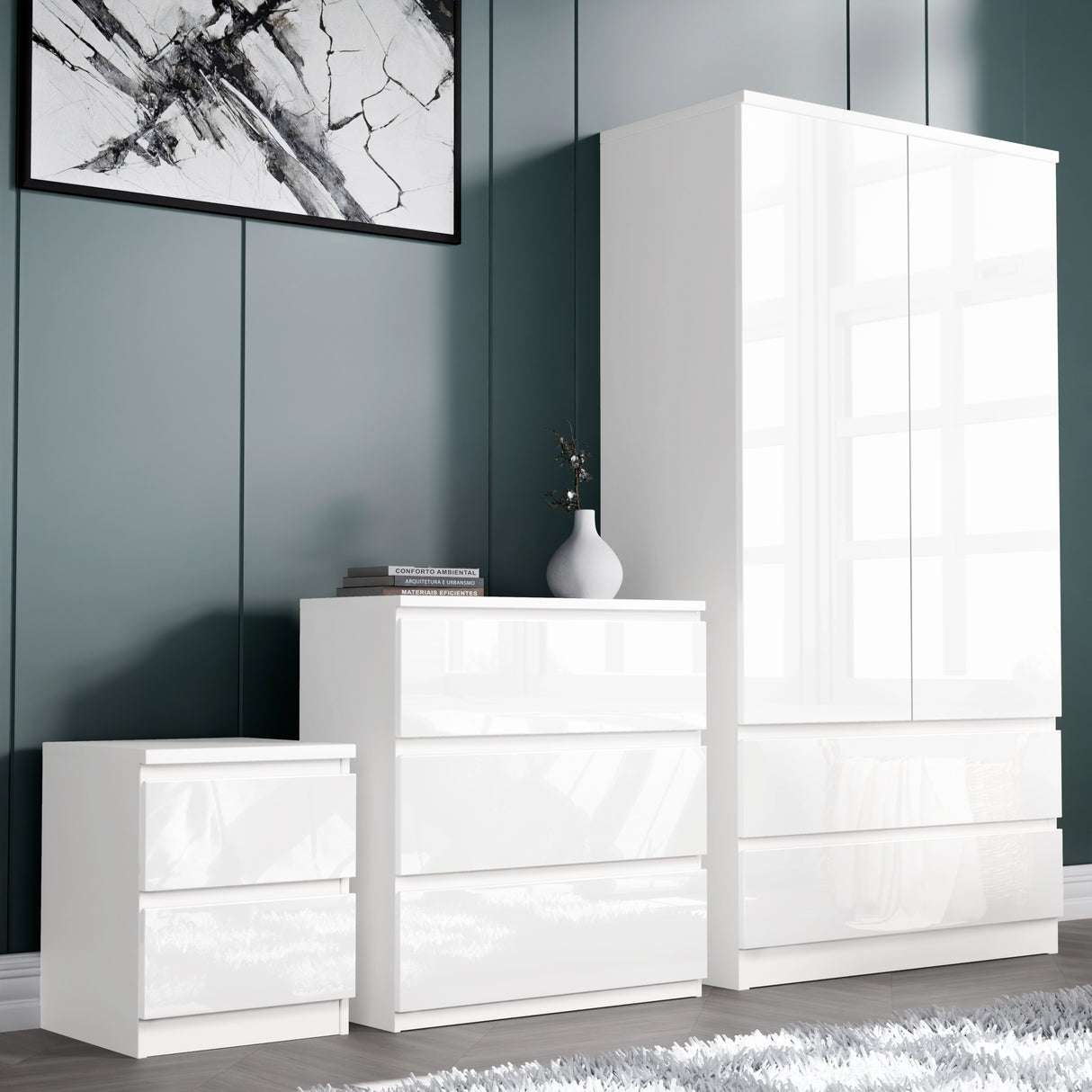 High Gloss 3 Piece Bedroom Set- 2 Door Wardrobe With Drawers