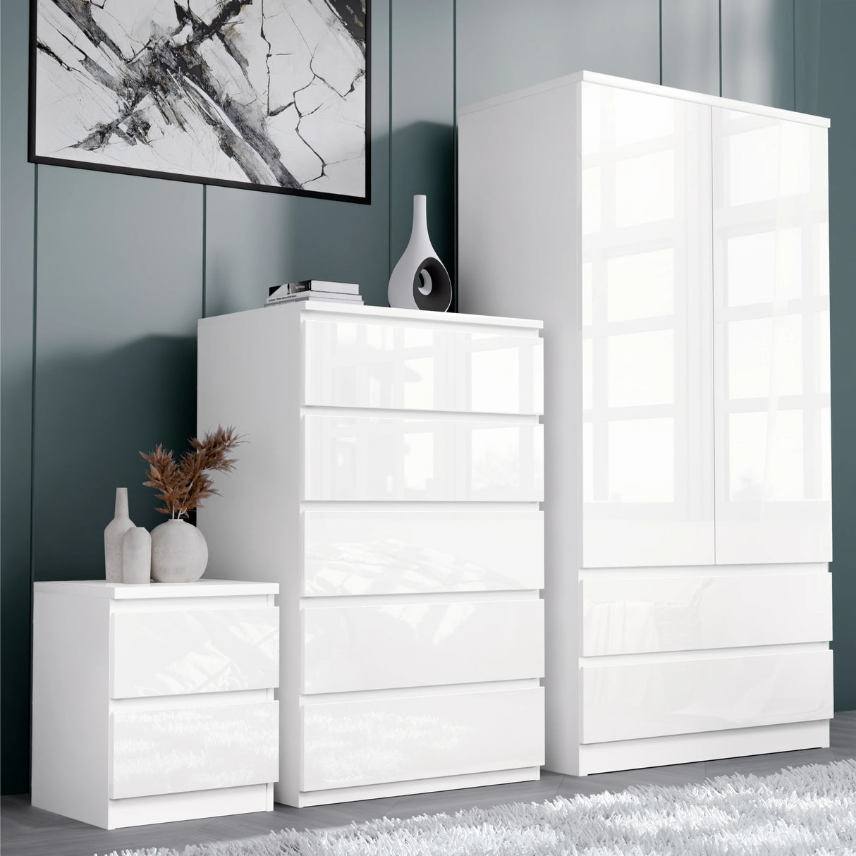 High Gloss Wardrobe, Chest of Drawers - 3 Piece Bedroom Set