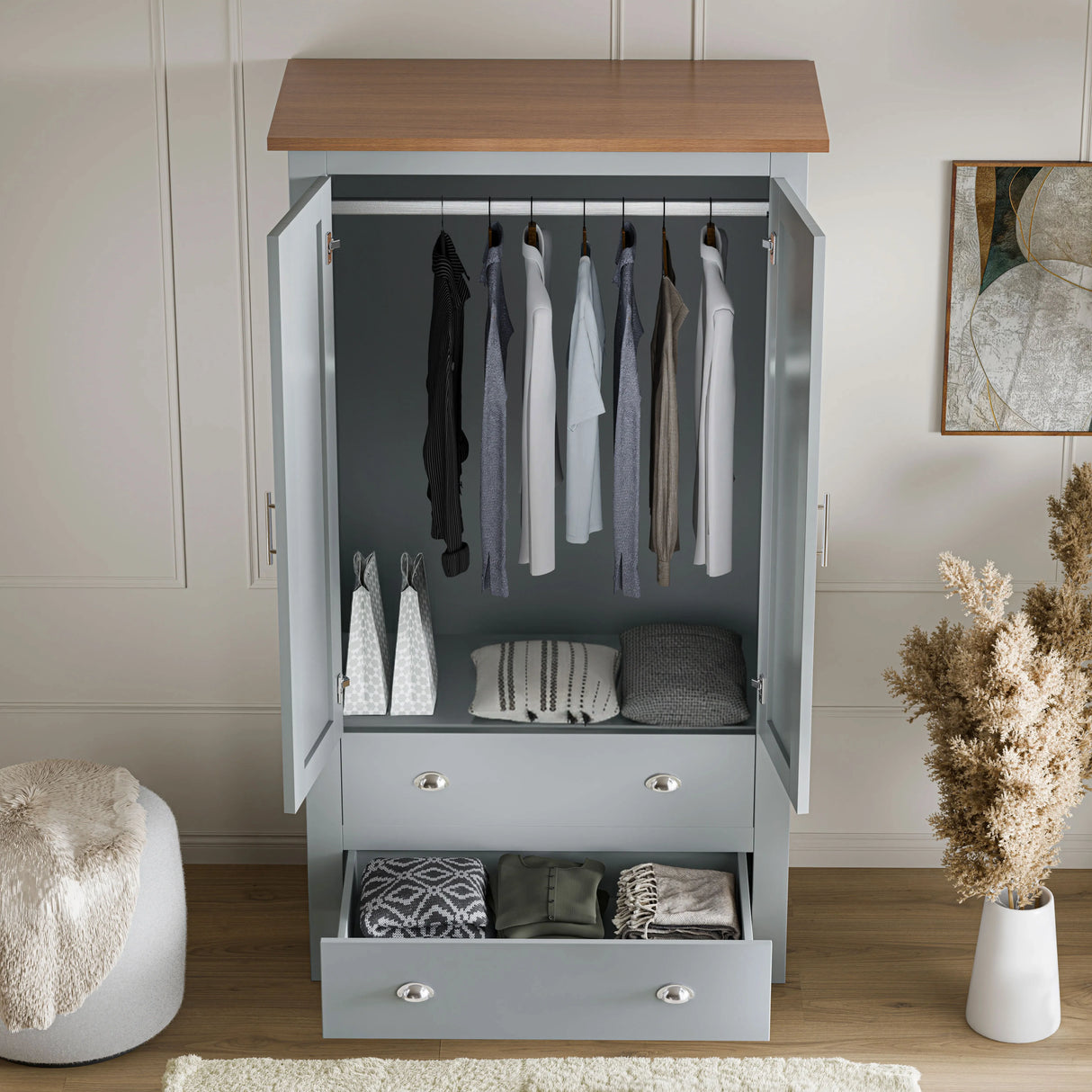 Shaker Double Wardrobe With Drawers And Hanging Space