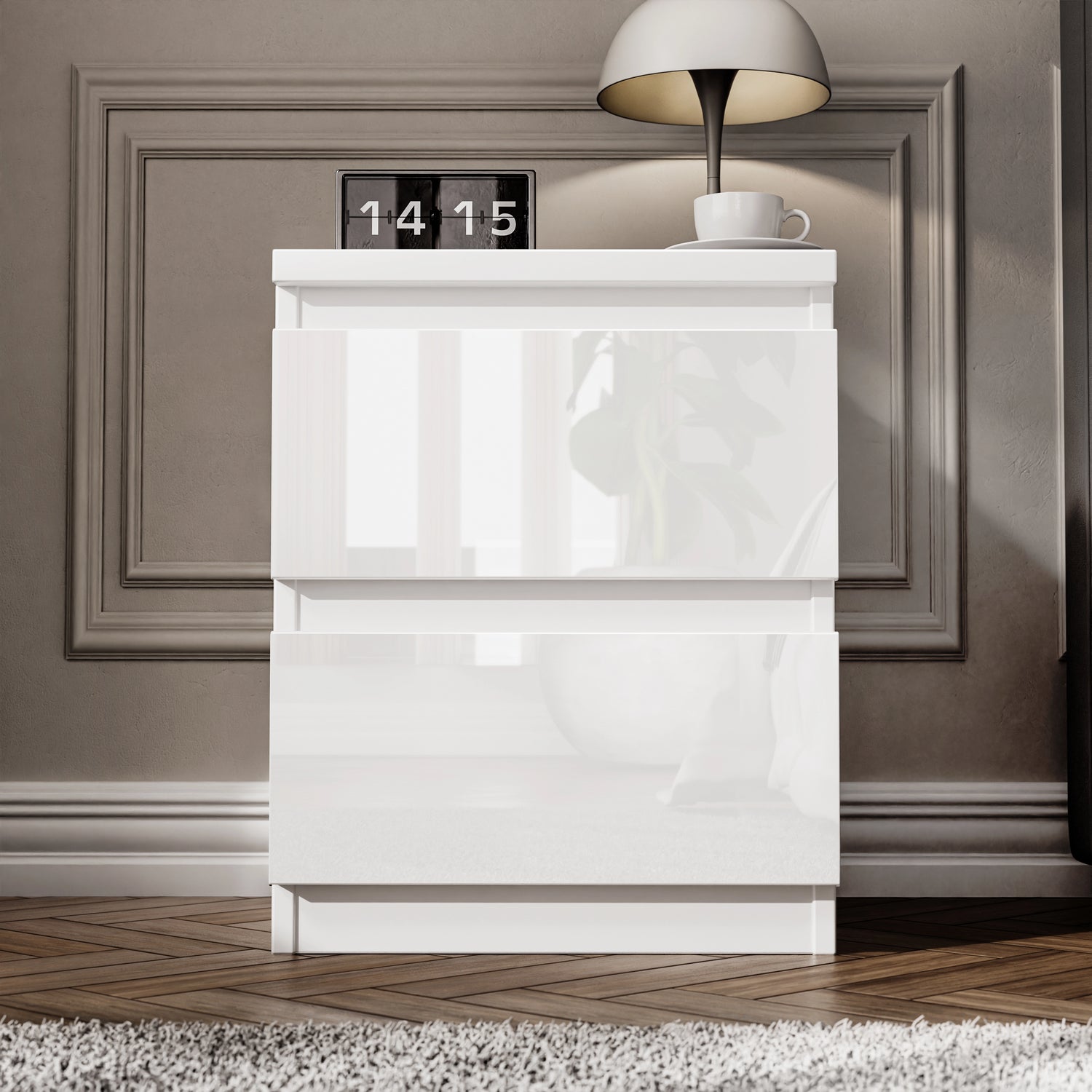 Compact white high gloss 2 drawer bedside table included in the High Gloss 3 Piece Wardrobe Set With Chest of Drawers.