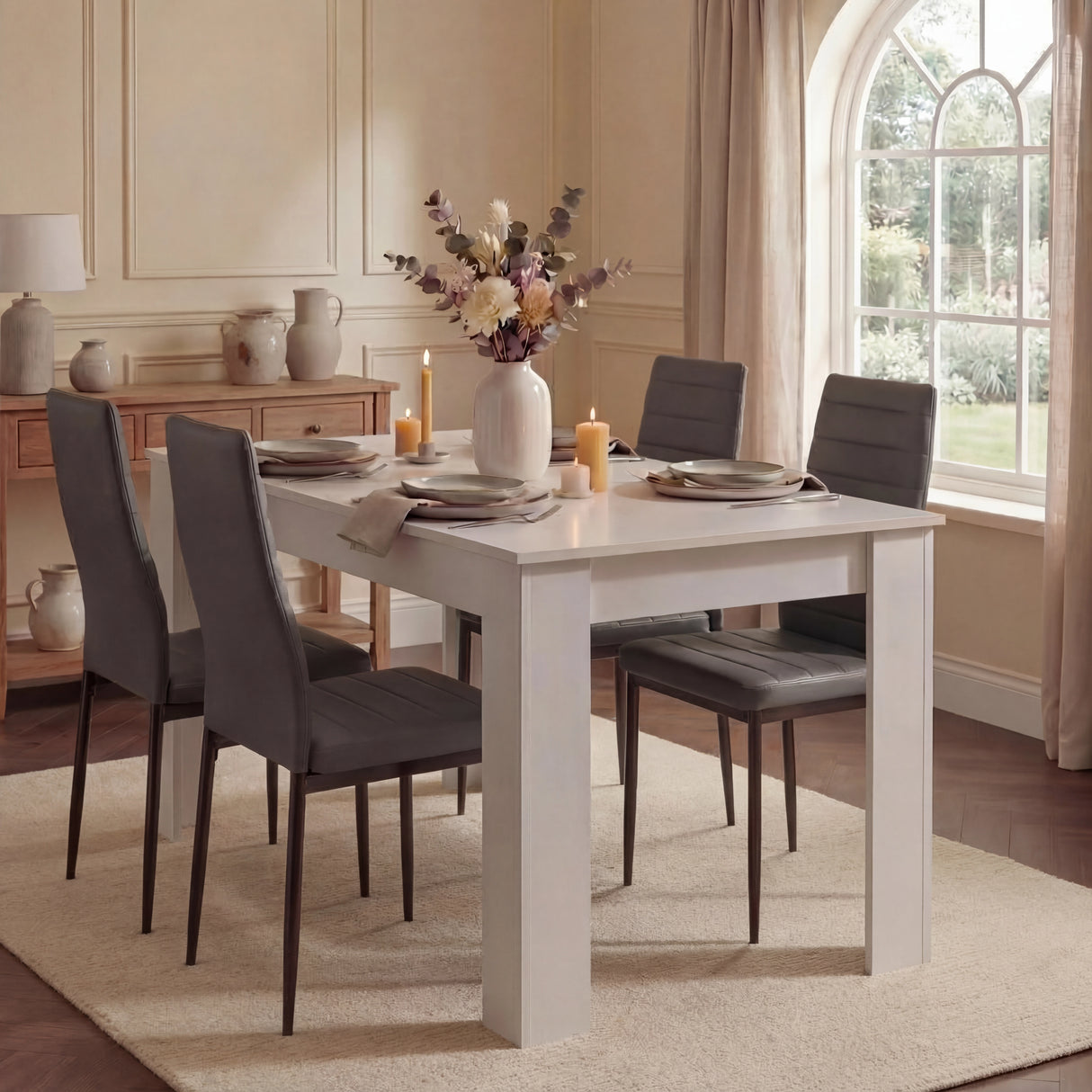 Dining room with a white table set for four, gray chairs, and decorative elements.