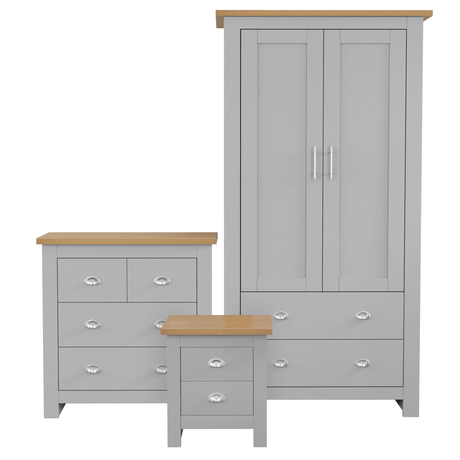 Shaker 3 Piece Bedroom Set | Wardrobe with Chest of Drawers in grey with oak tops, includes 2 door wardrobe, 4-drawer chest, and 2-drawer bedside table.