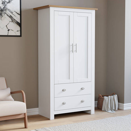 Shaker 3 Piece Bedroom Set wardrobe featuring a white 2 door design with 2 lower drawers and silver handles, ideal for modern bedroom storage.