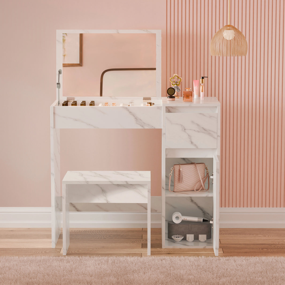 Dressing Table with Mirror and Storage - Makeup Vanity Desk for Girls in white marble finish, featuring a flip-up mirror, drawer, open shelves, and matching stool.