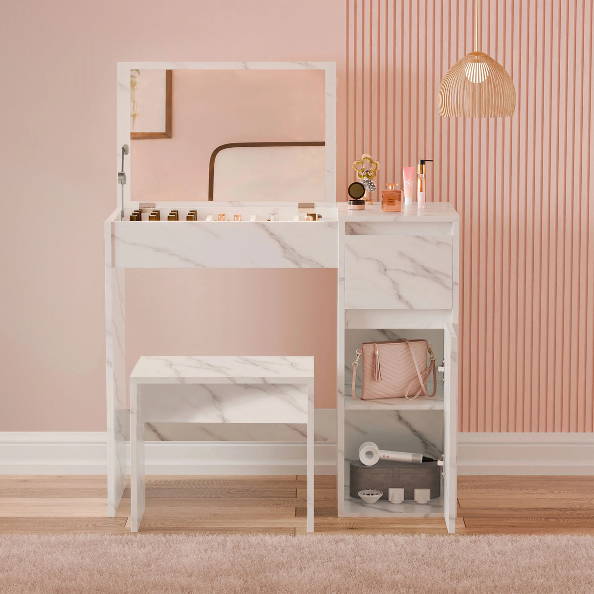 Dressing Table with Mirror and Storage - Makeup Vanity Desk for Girls in white marble finish, featuring a flip-up mirror, drawer, open shelves, and matching stool.