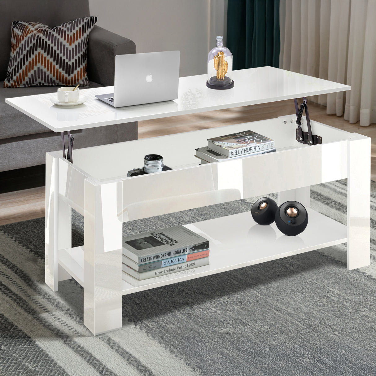 High gloss lift top coffee table with hidden storage shelf in white, featuring a raised tabletop and lower shelf, ideal for modern UK living rooms.