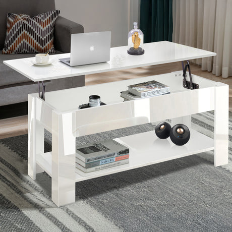 High gloss lift top coffee table with hidden storage shelf in white, featuring a raised tabletop and lower shelf, ideal for modern UK living rooms.