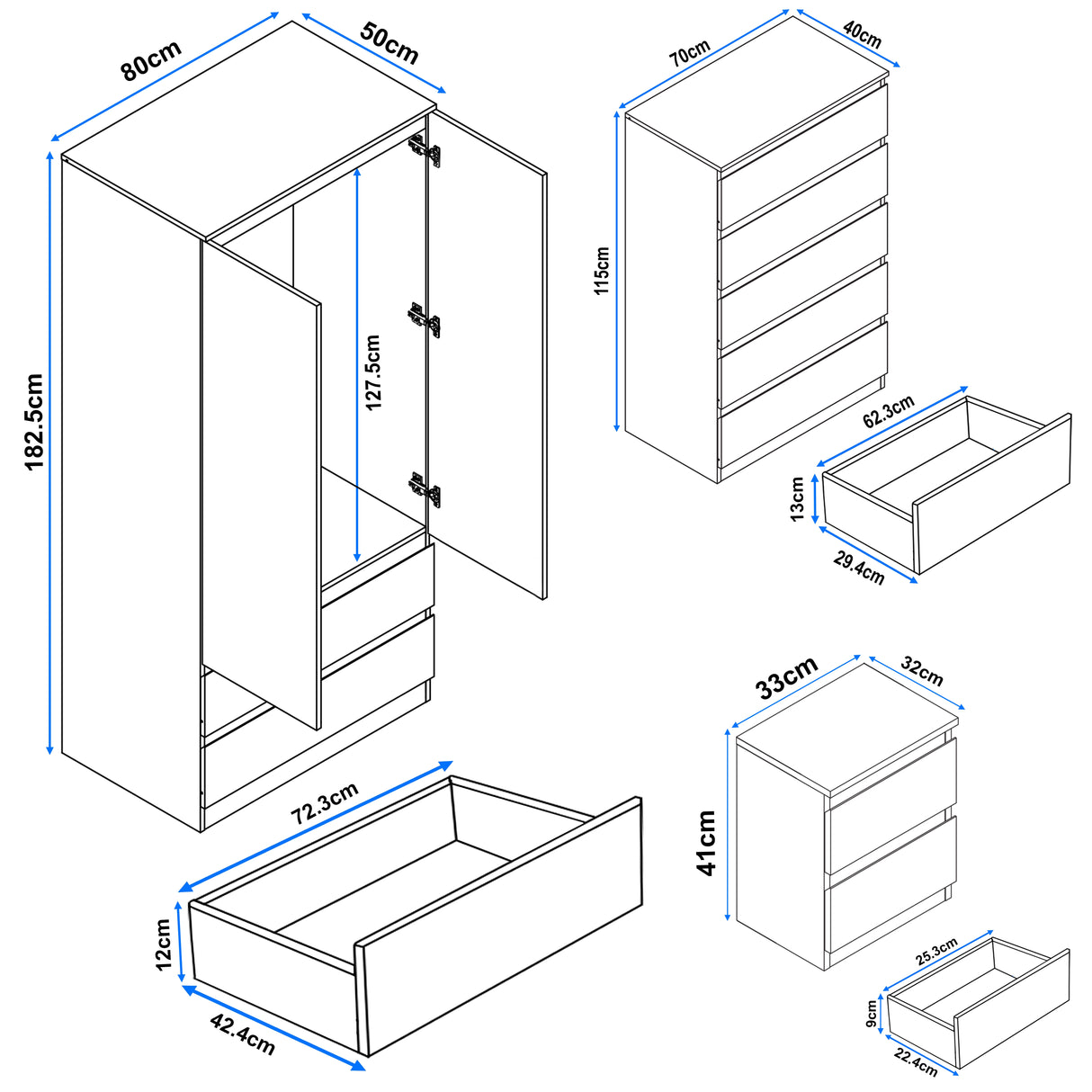 High Gloss Wardrobe, Chest of Drawers - 3 Piece Bedroom Set