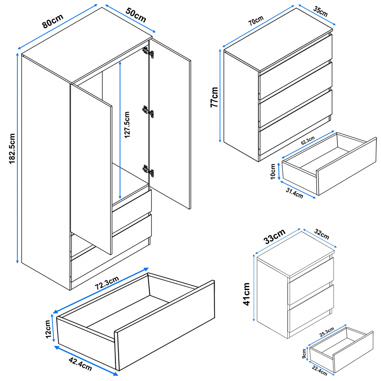 High Gloss 3 Piece Bedroom Set- 2 Door Wardrobe With Drawers
