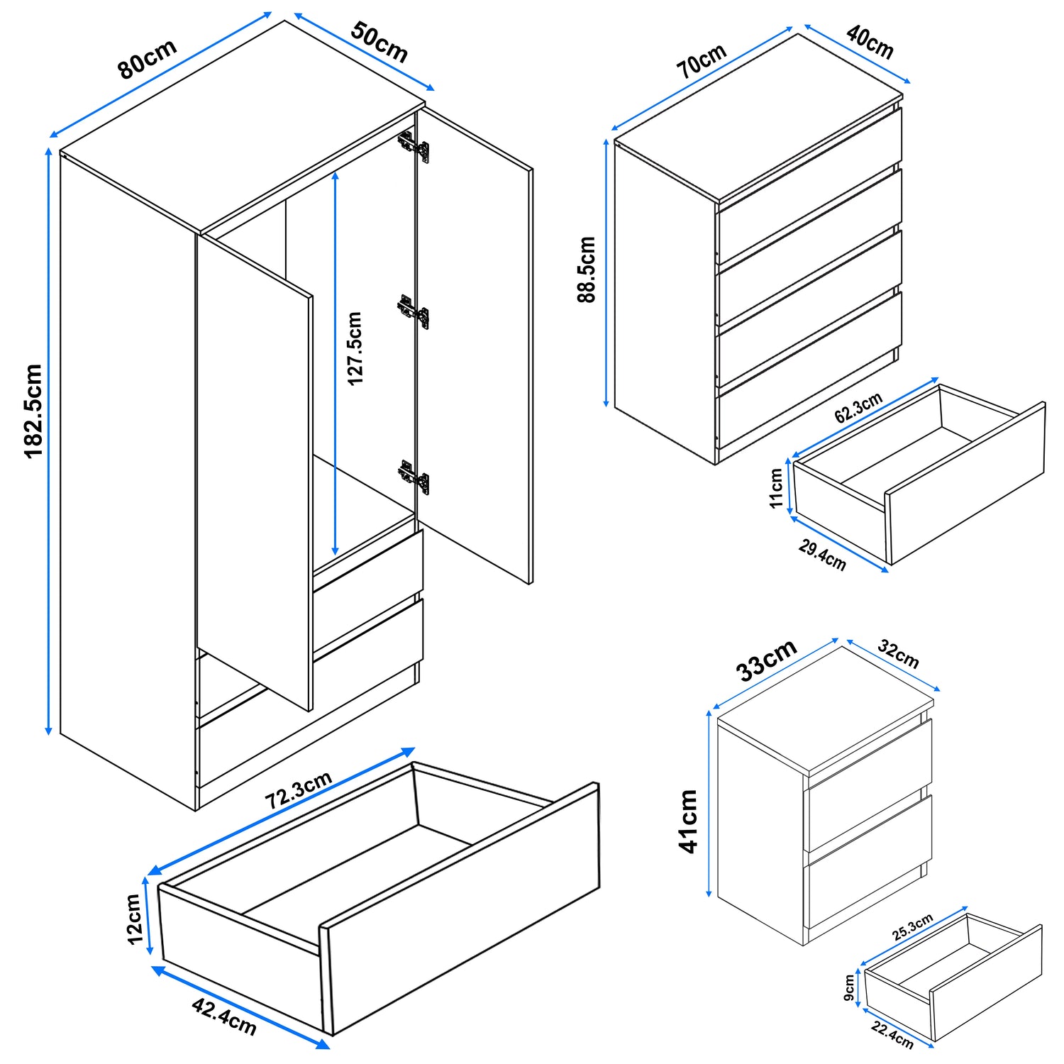 High Gloss 3 Piece Wardrobe Set With Chest of Drawers