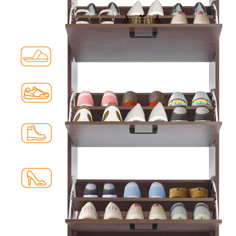 The slimline shoe cabinet displays space for a range of footwear including Crocs, boots, and slippers across three sections.