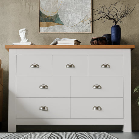 Front view of white 4+3 shaker chest of drawers with oak top and vintage handles, part of 3 piece furniture sets