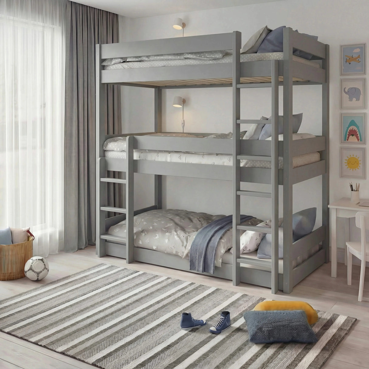 Single Triple Bunk Bed in grey wood finish with three stacked sleeping areas, ideal for kids' bedrooms. Space-saving Wooden High Sleeper Bed Frame with ladders.