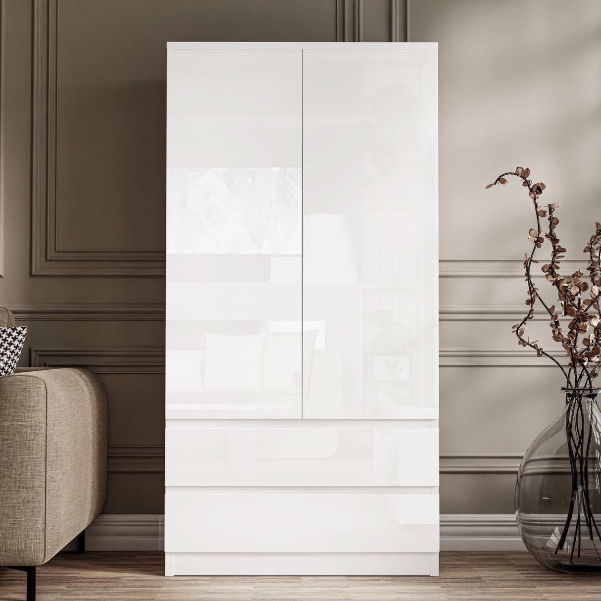 White high gloss 2 door wardrobe with bottom drawers, part of the High Gloss 3 Piece Wardrobe Set With Chest of Drawers.
