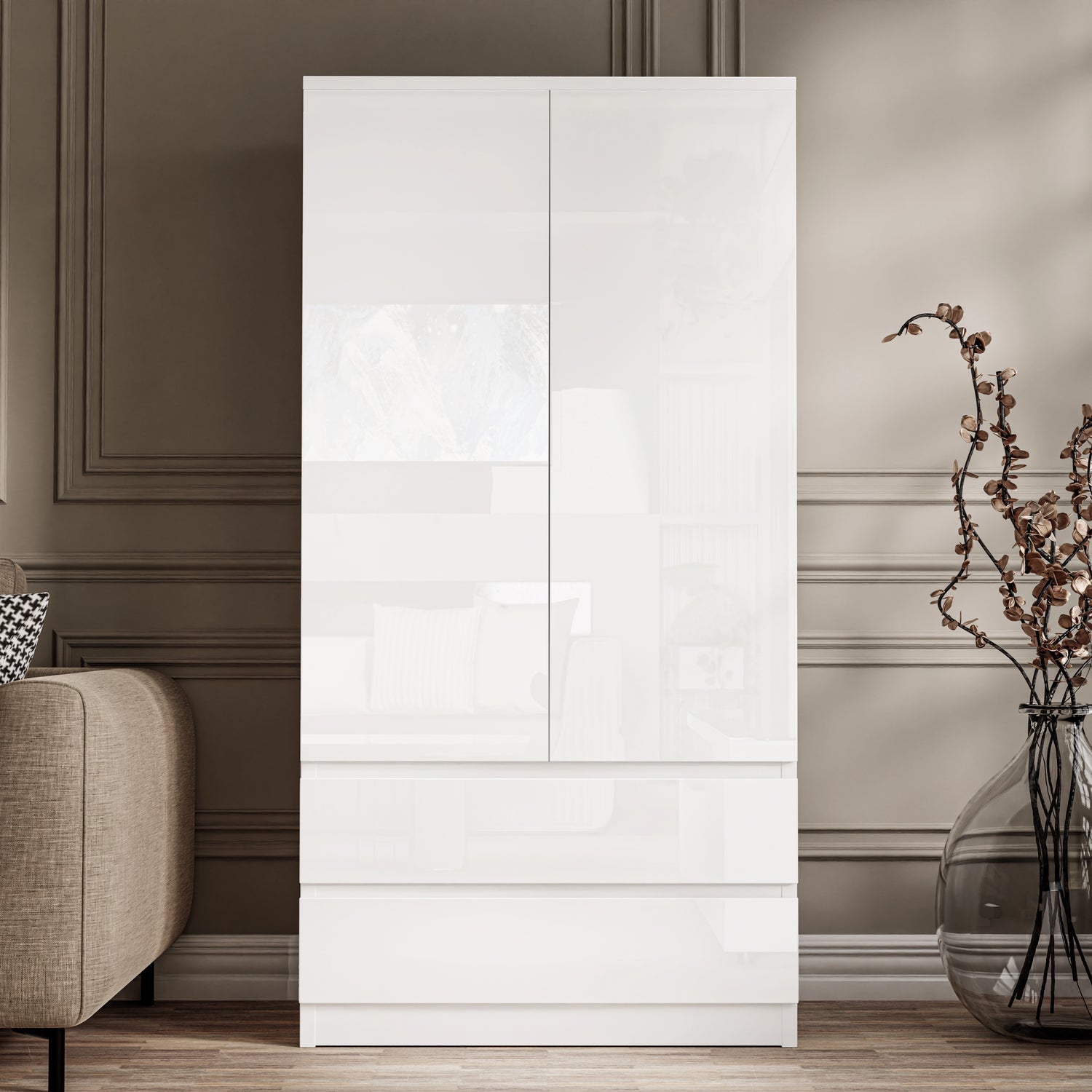 White high gloss 2 door wardrobe with bottom drawers, part of the High Gloss 3 Piece Wardrobe Set With Chest of Drawers.