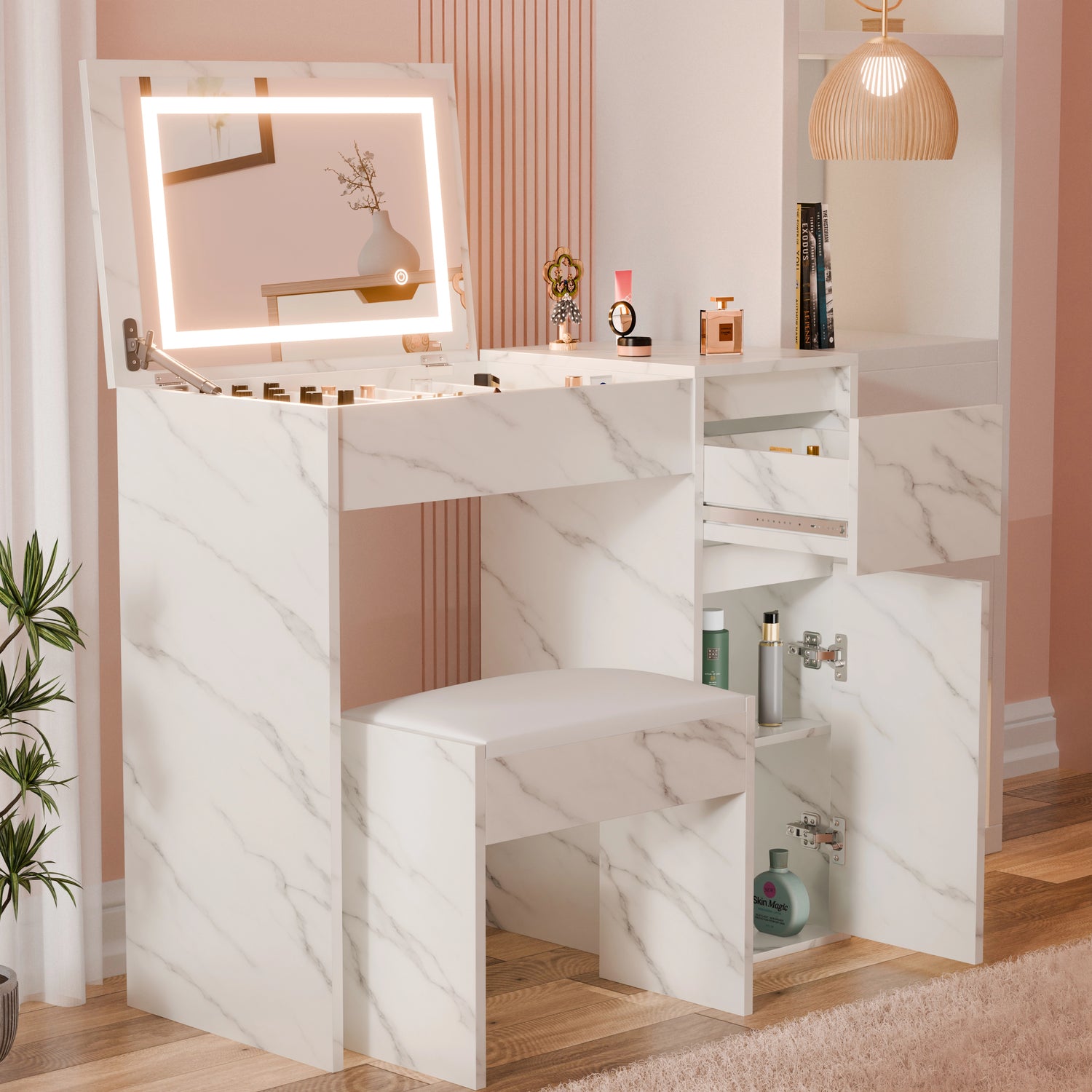 Small Dressing Table with Mirror and Lights, Stool - Makeup Vanity Desk